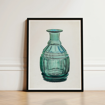 Teal Carafe - Van Silvay 1930s Glassware Art Print / Canvas Framed Illustration Glass Bottle Fluted Segmented Design, Decorative, Prints