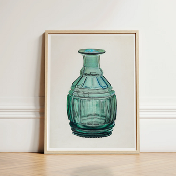 Teal Carafe - Van Silvay 1930s Glassware Art Print / Canvas Framed Illustration Glass Bottle Ribbed Fluted Neck, Decorative, Prints