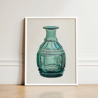 Teal Carafe - Van Silvay 1930s Glassware Art Print / Canvas Framed Illustration Glass Vase Ribbed Fluted Neck, Decorative, Prints