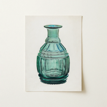 Teal Carafe - Van Silvay 1930s Glassware Art Print / Canvas Hand-painted Illustration Vintage-style Green Glass Bottle Fluted Ribbed,