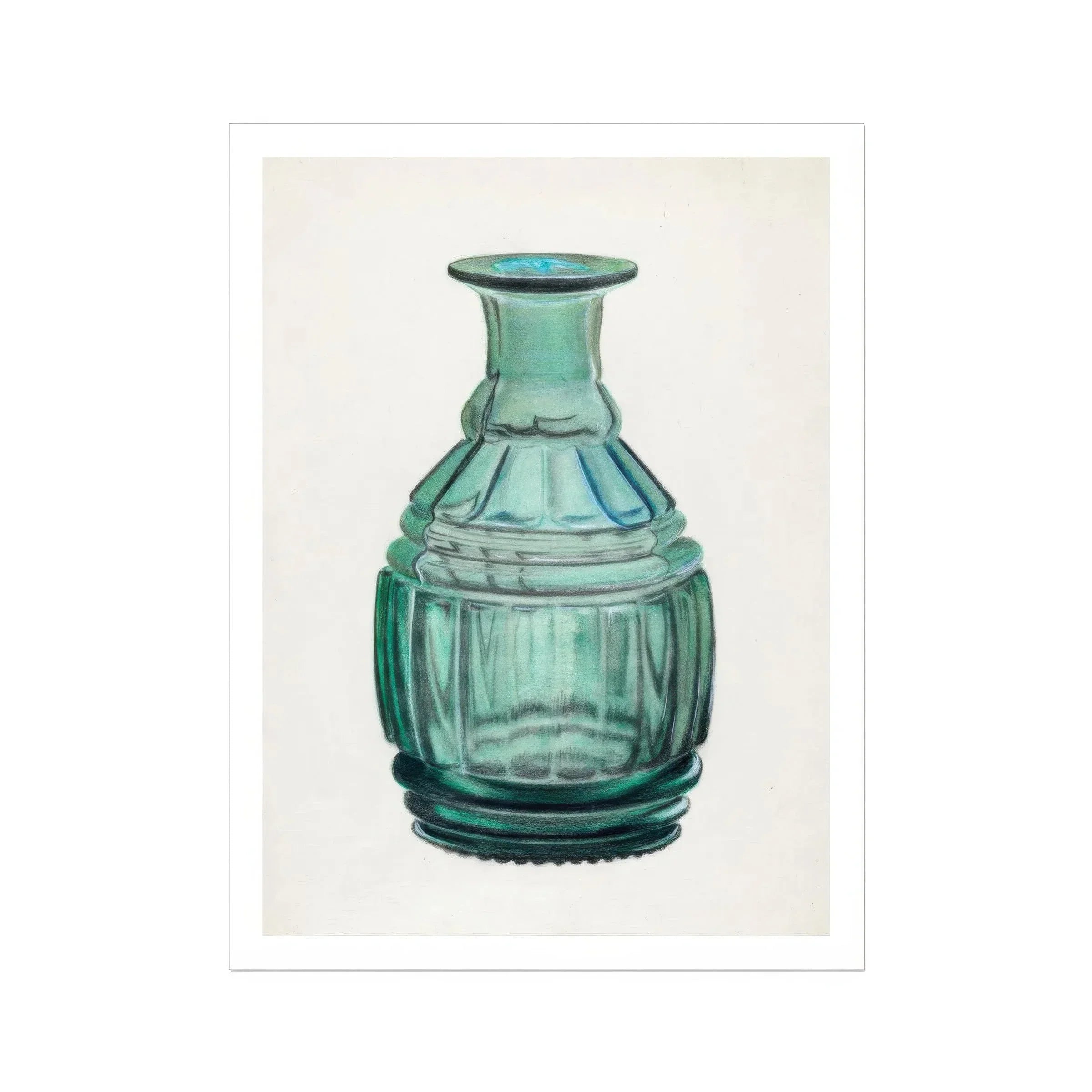 Teal Carafe Van Silvay 1930s Glassware Art Print, Decorative Turquoise Glass Bottle Ribbed Patterns Narrow Neck