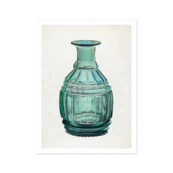 Teal Carafe - Van Silvay 1930s Glassware Art Print, Decorative Turquoise Glass Bottle Ribbed Patterns Narrow Neck