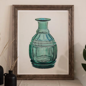Teal Carafe - Van Silvay 1930s Glassware Art Print, Framed Artwork Green Glass Bottle Decorative Ridges Flared
