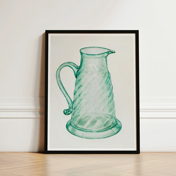 Teal Molasses Jug - Giacinto Capelli 1930s Kitchen Art Print / Canvas Framed Illustration Translucent Green Glass Pitcher Twisted Textured,