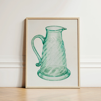 Teal Molasses Jug - Giacinto Capelli 1930s Kitchen Art Print / Canvas Framed Illustration Translucent Green Glass Pitcher Twisted Ribbed,
