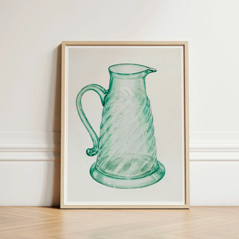 Teal Molasses Jug - Giacinto Capelli 1930s Kitchen Art Print / Canvas Framed Illustration Translucent Green Glass Pitcher Twisted Body,