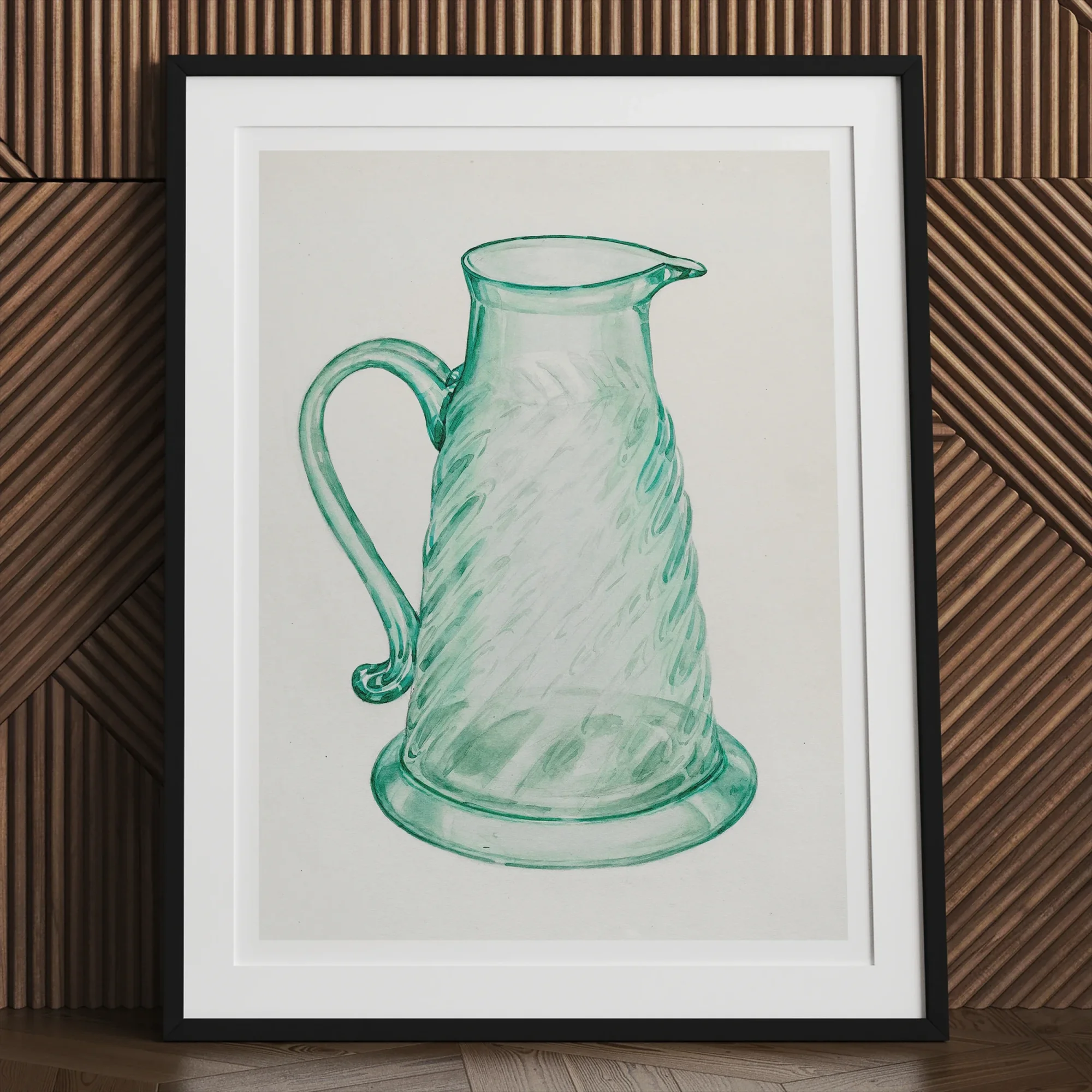 Teal Molasses Jug - Giacinto Capelli 1930s Kitchen Art Print, Green Glass Pitcher Swirled Pattern Curved Handle