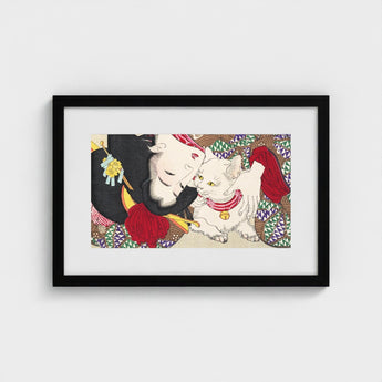 Teasing the Cat - Tsukioka Yoshitoshi Art Print / Canvas Black-framed Artwork Traditional Japanese-style Illustration Woman Ornate Black,