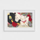 Teasing the Cat - Tsukioka Yoshitoshi Art Print / Canvas Framed Japanese Woodblock Black-and-white Woman Traditional Attire, Domestic