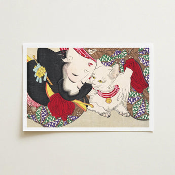Teasing the Cat - Tsukioka Yoshitoshi Art Print / Canvas Rectangular Traditional Japanese Woodblock-style Illustration Ornately, Domestic