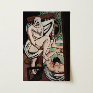 The Bath - Max Beckmann Art Print / Canvas Rectangular Framed Cubist-style Painting Two Nude Figures, Woman Steadies Prints