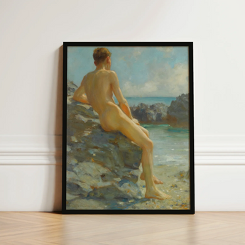 The Bather - Henry Scott Tuke Fine Art Print / Canvas Framed Oil Painting Nude Male Figure Seated Rocks, Cornish Shoreline, Prints