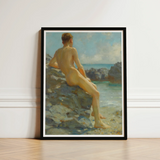 The Bather - Henry Scott Tuke Fine Art Print / Canvas Black-framed Nude Male Figure Seated Rocks, Cornish Shoreline, Prints