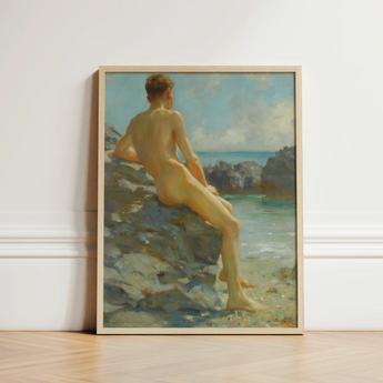 The Bather - Henry Scott Tuke Fine Art Print / Canvas Framed Oil Painting Nude Male Figure Seated Rocks, Cornish Shoreline, Prints