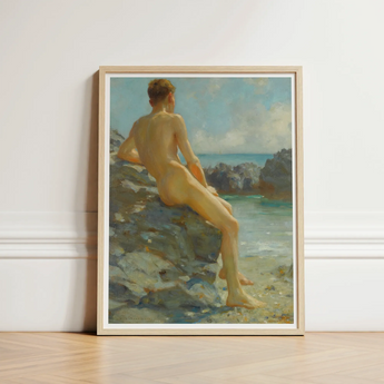 The Bather - Henry Scott Tuke Fine Art Print / Canvas Framed Oil Painting Nude Male Figure Seated Rocks, Cornish Shoreline, Prints