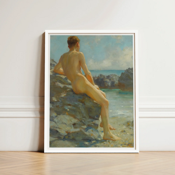 The Bather - Henry Scott Tuke Fine Art Print / Canvas White-framed Painting Nude Male Figure Seated Rocks Sea, Cornish Shoreline, Prints