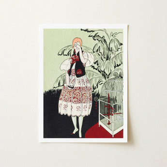 The Dead Bird - La Gazette Du Bon Ton 1920s Art Print / Canvas Vintage-style Illustrated Woman White Red Patterned Dress Captivating