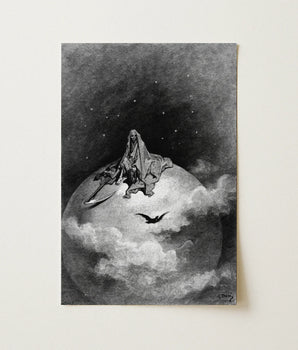 Black-and-white Illustrated Print Grim Reaper Seated Atop Globe Gustave Dore Art, Mercy Carved