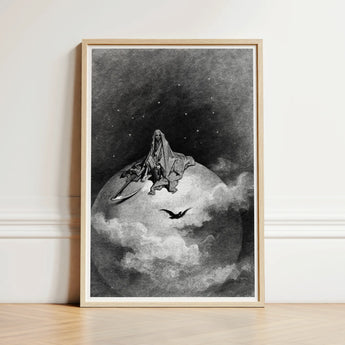 The Death - Gustave Dore Art Print / Canvas Framed Black-and-white Illustration Cloaked Figure Seated Atop Globe-like, Mercy Carved, Prints