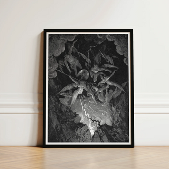 The Fall of Man - Gustave Dore Art Print / Canvas Black-framed Artwork Dramatic Monochromatic Illustration Angels Flight Dark Milton’s