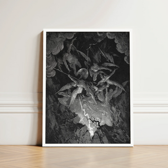 The Fall of Man - Gustave Dore Art Print / Canvas Framed Black-and-white Illustration Dramatic Celestial Battle Winged Figures Milton’s