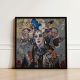 Framed Artwork Woman Adorned Intricate Butterfly Floral Embellishments Surreal Tarot, Fool Steps Forward, Butterflies, Eyes Wide