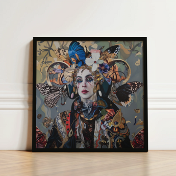 Framed Artwork Woman Adorned Intricate Butterfly Floral Embellishments Surreal Tarot, Fool Steps Forward, Butterflies, Eyes Wide