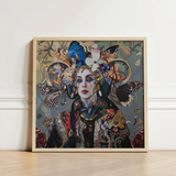 Square-framed Artwork Woman Adorned Elaborate Headdress Colorful Butterflies Surreal Tarot, Fool Steps Forward, Eyes Wide