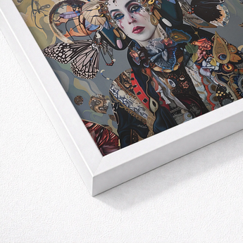Framed Artwork Stylized Portrait Intricate Butterfly Floral Embellishments Surreal Tarot, Fool Steps Forward, Butterflies, Eyes Wide