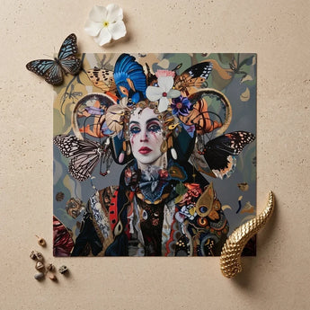 The Fool - Surreal Tarot Deck Art Print / Canvas Square Woman Adorned Elaborate Headdress Colorful, Steps Forward, Butterflies, Eyes Wide