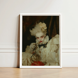 White-framed Art Print Portrait Person Ornate Off-white Ruffled Gay Devil, Void Stares