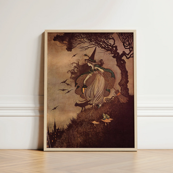 Vintage-style Framed Artwork Witch Gown Pointed Hat Broomstick Ida Rentoul Outhwaite