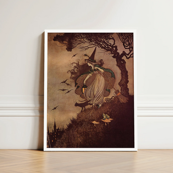 Vintage-style Witch Illustration Print White Frame Sepia-toned Artwork Ida Rentoul Outhwaite