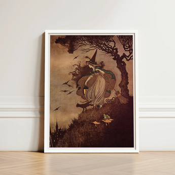 Framed Vintage-style Illustration Witch Pointed Hat Gown Broomstick Ida Rentoul Outhwaite