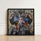Framed Artwork Woman Adorned Elaborate Colorful Headdress Butterflies Surreal Tarot Card, Dream Spun, Art