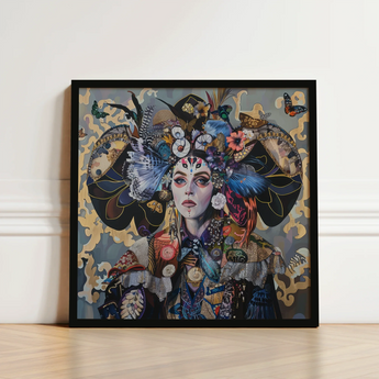 Framed Artwork Woman Adorned Elaborate Colorful Headdress Butterflies Surreal Tarot Card, Dream Spun, Art