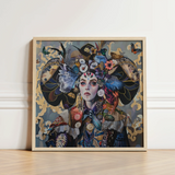 Framed Mixed-media Artwork Woman Adorned Elaborate Colorful Headdress Surreal Tarot Card, Dream Spun, Art