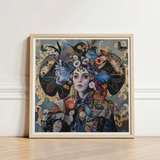 Framed Artwork Woman Adorned Elaborate Colorful Headdress Butterflies Surreal Tarot Card, Dream Spun, Art