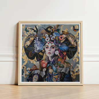 Framed Artwork Woman Adorned Elaborate Colorful Headdress Butterflies Surreal Tarot Card, Dream Spun, Art