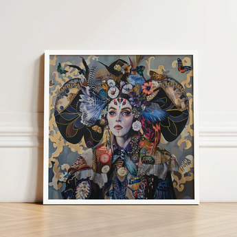 Framed Artwork Woman Adorned Elaborate Colorful Headdress Butterflies Surreal Tarot Card, Dream Spun, Art