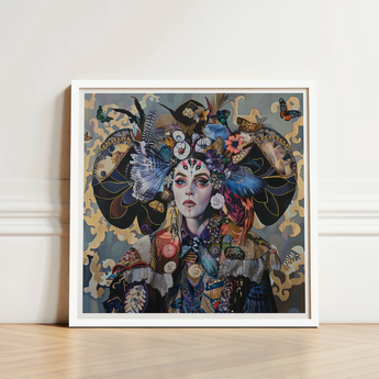 Framed Artwork Woman Adorned Elaborate Colorful Headdress Butterflies Surreal Tarot Card, Dream Spun, Art