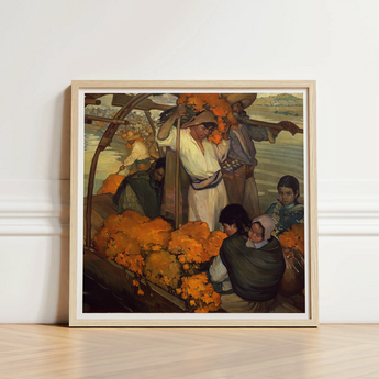 Framed Painting Group People Boat Laden Vibrant Orange Saturnino Herrán Opens, Young Boatman Drives, Punting Pole Straight, Loose White