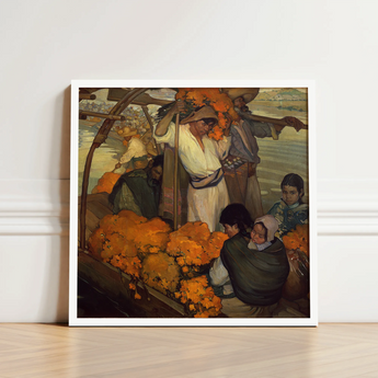 White-framed Art Print Vibrant Scene People Bright Orange Saturnino Herrán Opens, Young Boatman Drives, Punting Pole Straight, Loose White