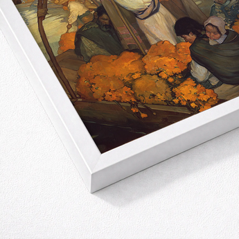 White Framed Art Print Vibrant Painting People Gathered Saturnino Herrán Opens, Young Boatman Drives, Punting Pole Straight, Loose Shirt,