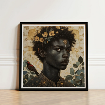 The one - Gay Black God Art Print / Canvas Black-framed Artwork Portrait Person Dark Skin Curly Hair, Queer, Bold Statements Prints