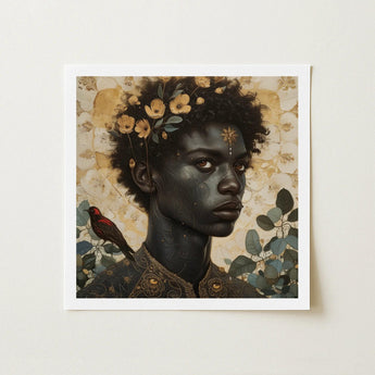 The one - Gay Black God Art Print / Canvas Square-framed Artwork Dark-skinned Figure Curly Hair Adorned Golden, Queer, Bold Statements