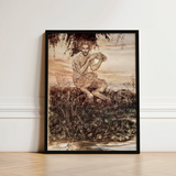 Black-framed Artwork Bearded Hairy Figure Seated Rocks Water Dawn Locks Eyes, Arthur Rackham Art, Print, Rackham’s, Pan Crouches,
