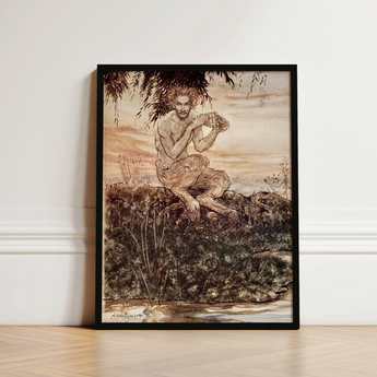 Black-framed Artwork Bearded Hairy Figure Seated Rocks Water Dawn Locks Eyes, Arthur Rackham Art, Print, Rackham’s, Pan Crouches,