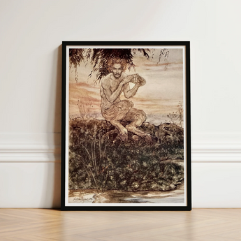 Black-framed Art Print Sepia-toned Illustration Muscular Bearded Man Dawn Locks Eyes, Arthur Rackham, Rackham’s, Pan Crouches, Moss-covered