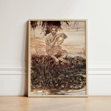Framed Illustration Mythological Figure Long Hair Beard Seated Dawn Locks Eyes, Arthur Rackham Art, Print, Rackham’s, Pan Crouches,